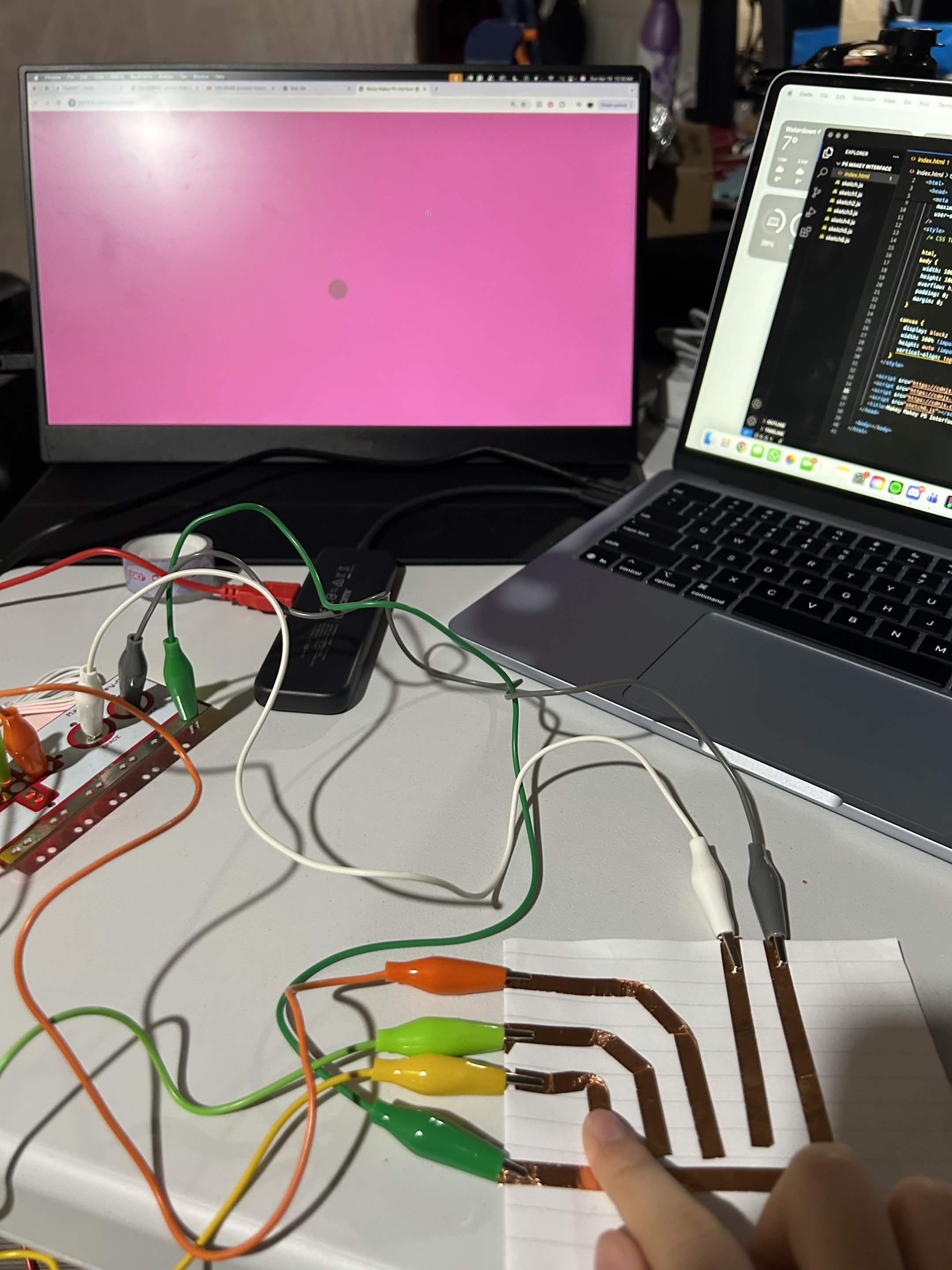 I created multiple paths for the circuit and had all the wires attachd to the makey makey, and I played around with it using the code.
