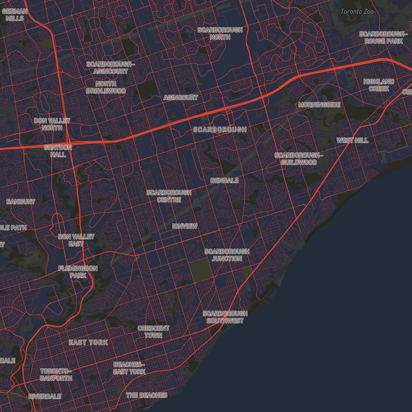 Larger map of scarborough in mapbox inspired by the TTC colours.