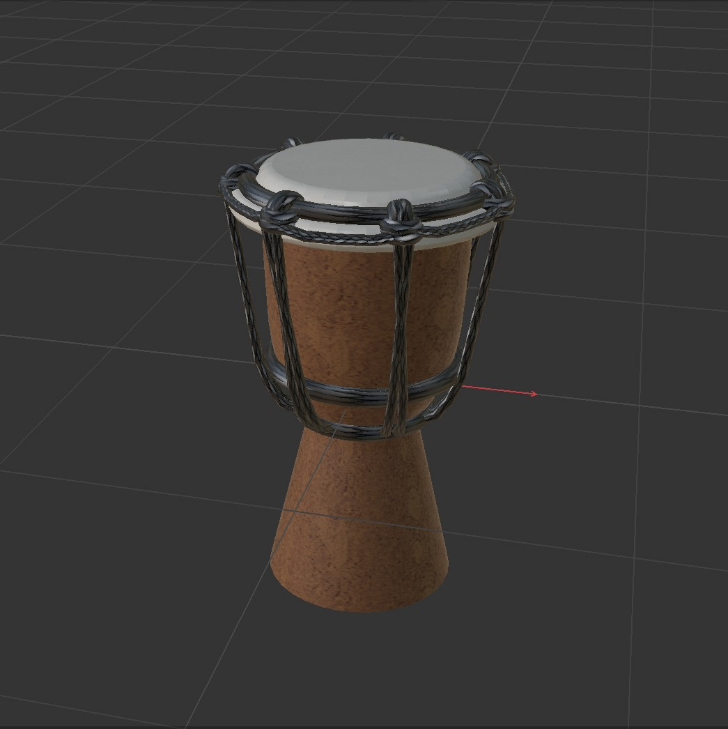 This is the drum with colours and textures. For the base I used a wood-like material, as for the ropes I used a black rope-like material, and for the top part of the drum I found a textured plastic material.